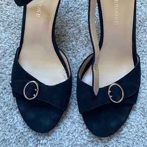 Audrey Brooke black suede sandal peep toe heel.